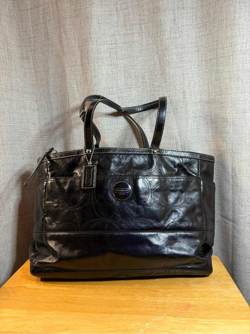 Coach Black Leather Embossed Tote with Hang Tag